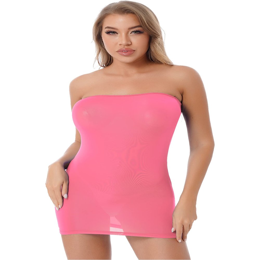 ACSUSS Sexy Women Ice Silk Tight Pencil Cute Dress Smooth Micro Mini Dress Transparent Bandage Dress Hot Pink One Size