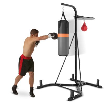 GYMAX Punching Bag with Stand Adult, Freestanding Boxing Machine with Height Adjustable Speed Ball & Sandbag, Filled Heavy Punching Bag for Adults, Kickboxing Bag for Training MMA Muay Thai (Black)