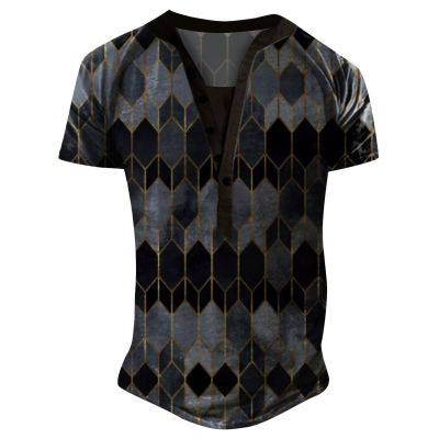 Mens Graphic T-Shirts Vintage Slim Fit V Neck T Shirt Short Sleeve Casual Half Button Fashion Street Pullover Sweatshirt Dark Blue