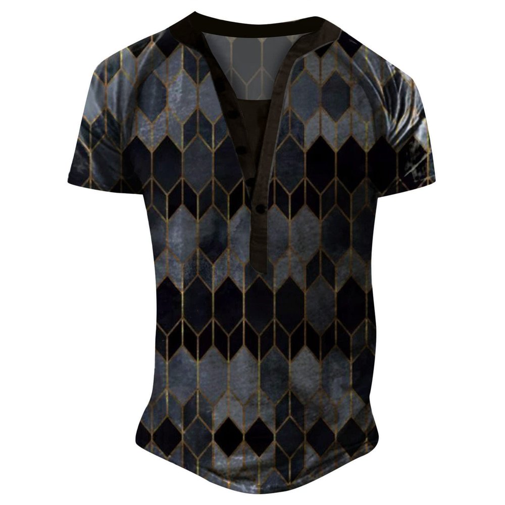 Mens Graphic T-Shirts Vintage Slim Fit V Neck T Shirt Short Sleeve Casual Half Button Fashion Street Pullover Sweatshirt Dark Blue