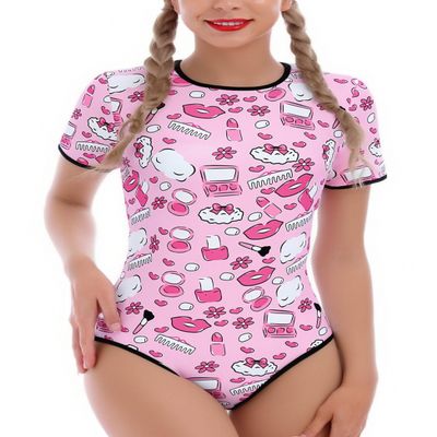 ABAFIP Women's Cute Print Romper Pajama Bodysuit Short Sleeve One Piece Teddy Leotard Top Nightwear Hot Pink Medium