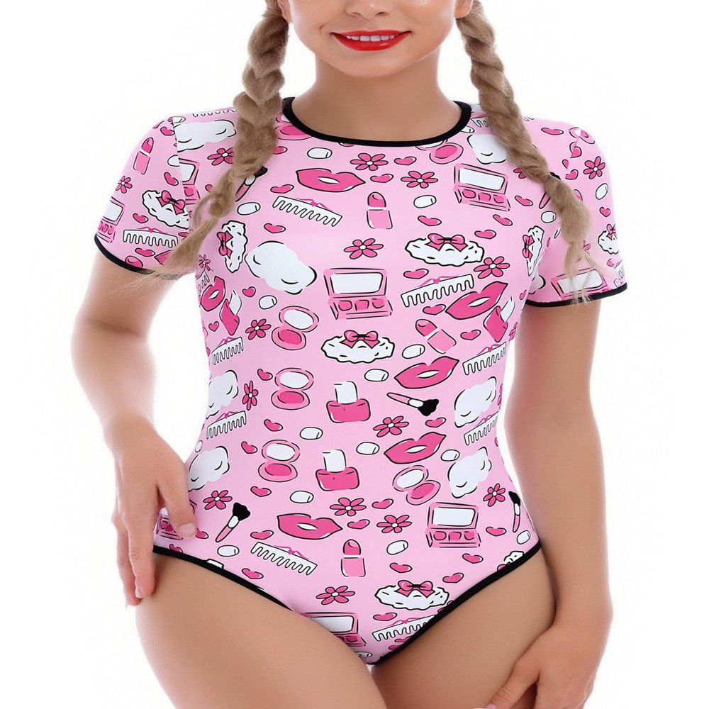 ABAFIP Women's Cute Print Romper Pajama Bodysuit Short Sleeve One Piece Teddy Leotard Top Nightwear Hot Pink Medium