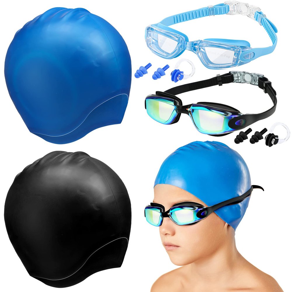 4 Pack Swim Caps for Kids Swimming Cap and Goggles for Boys Girls Silicone Swim Bath Hats with Ear Plugs Nose Clip for Short Long Hair Age 8-15 Youth(Black, Blue)