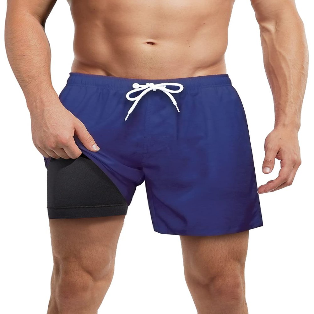 Mens Swim Trunks with Compression Liner Anti Chafe no Mesh net Comfort Swimming Shorts Boxer Brief Lined 5.5" Navy Blue