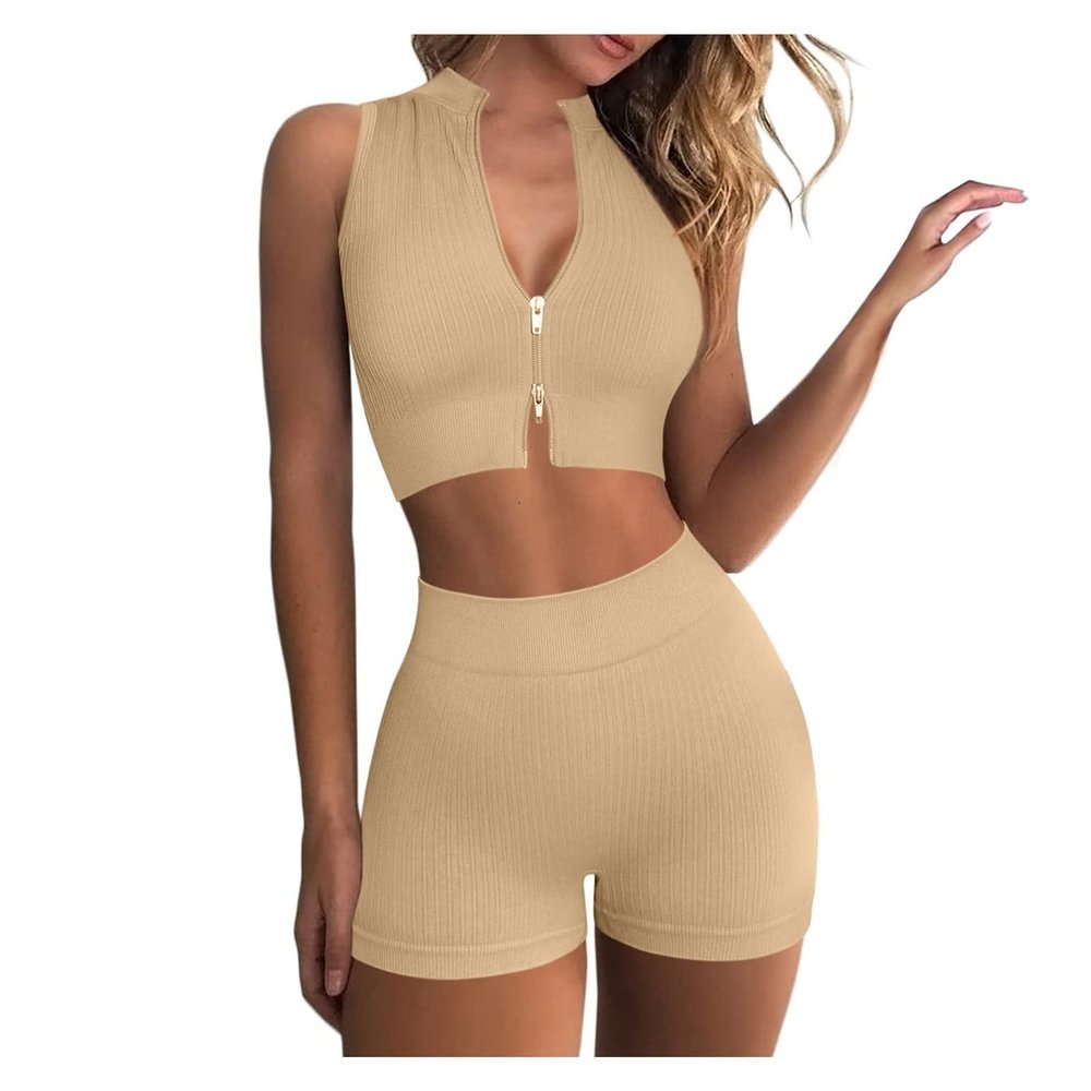 2 Piece Workout Outfits Women's Ribbed Seamless Sports Zip Up Crop Tops High Waist Athletic Shorts Gym Running Sets
