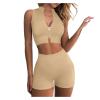2 Piece Workout Outfits Women's Ribbed Seamless Sports Zip Up Crop Tops High Waist Athletic Shorts Gym Running Sets view 1