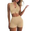 2 Piece Workout Outfits Women's Ribbed Seamless Sports Zip Up Crop Tops High Waist Athletic Shorts Gym Running Sets view 2