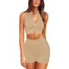 2 Piece Workout Outfits Women's Ribbed Seamless Sports Zip Up Crop Tops High Waist Athletic Shorts Gym Running Sets view 3