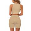 2 Piece Workout Outfits Women's Ribbed Seamless Sports Zip Up Crop Tops High Waist Athletic Shorts Gym Running Sets view 4