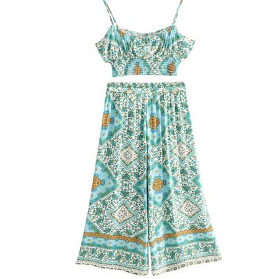 SHAREYOIU Women's Summer Sexy 2 Piece Print Outfits Tube Crop Tops Wide Leg Long Pants Sets and Mini Skirt Sets. (Large, Green)