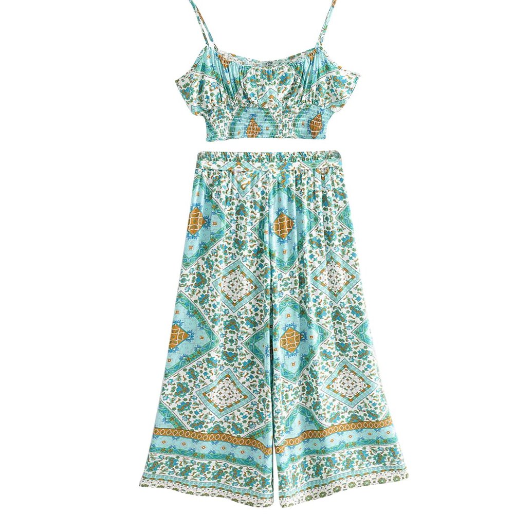 SHAREYOIU Women's Summer Sexy 2 Piece Print Outfits Tube Crop Tops Wide Leg Long Pants Sets and Mini Skirt Sets. (Large, Green)