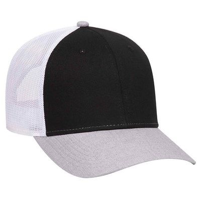 Ashen Fane 6 Panel Heather Blend Twill Structured Low Profile Mesh Back Snapback Trucker Hat, Heather Gray/Black/White