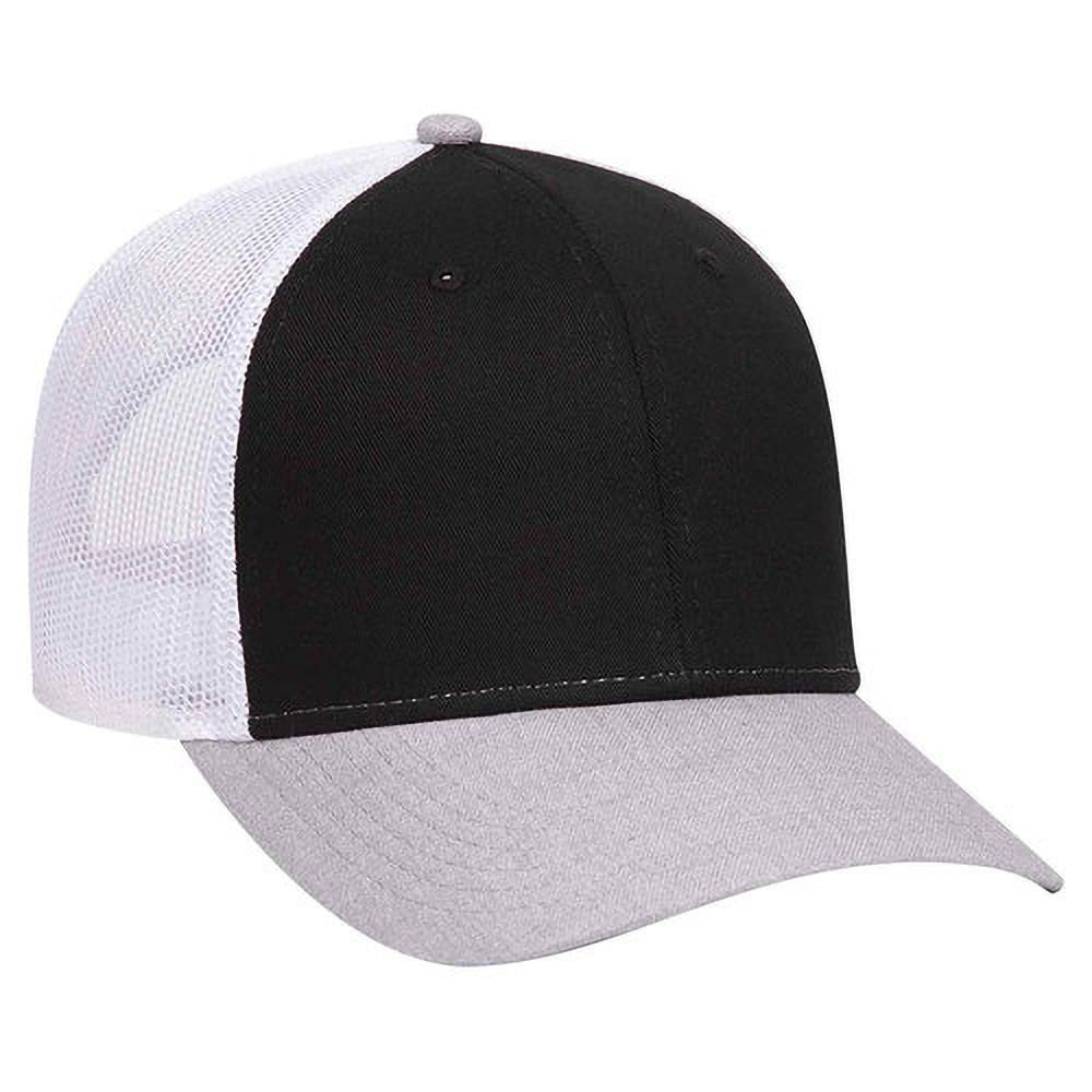 Ashen Fane 6 Panel Heather Blend Twill Structured Low Profile Mesh Back Snapback Trucker Hat, Heather Gray/Black/White