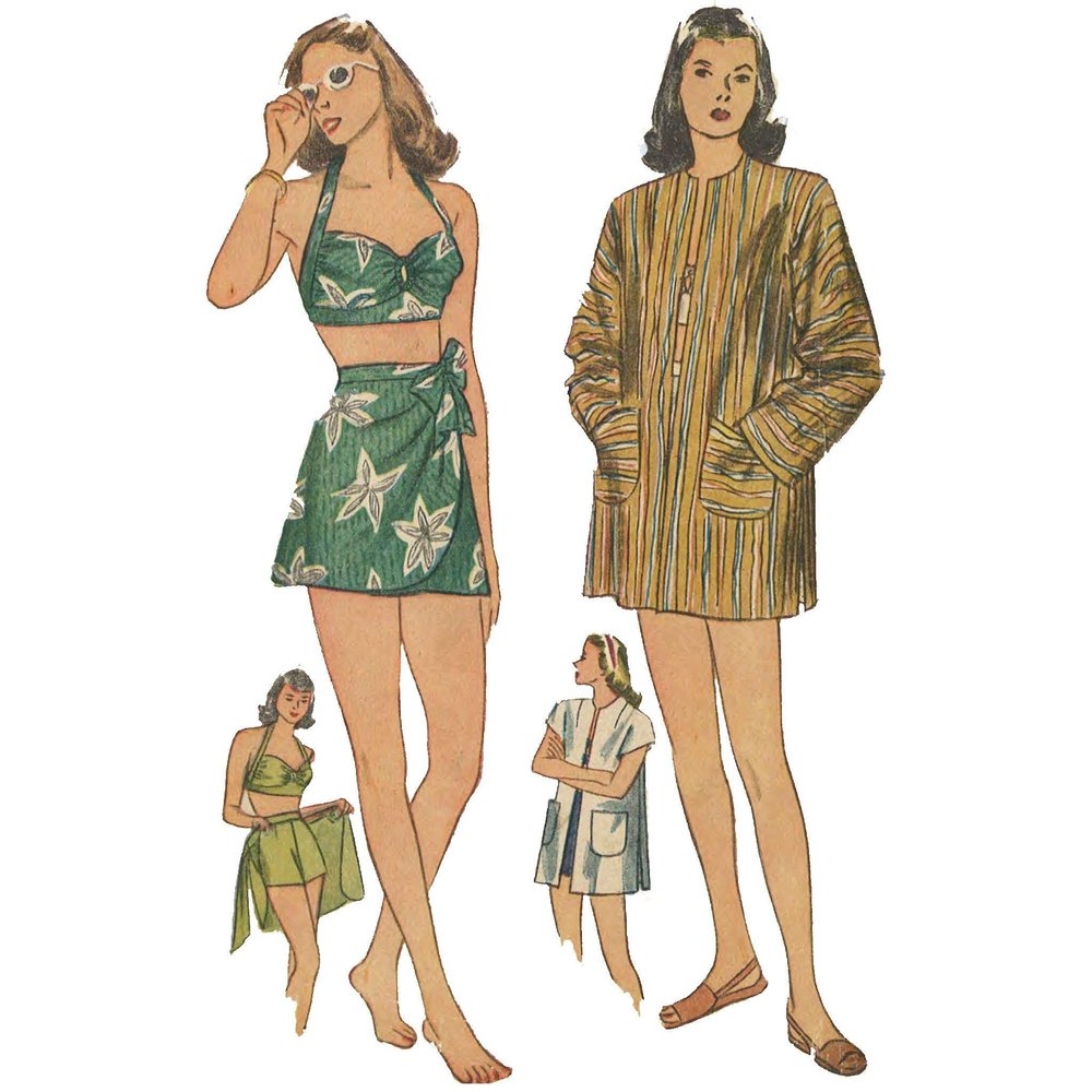 1940's Sewing Pattern: Bathing Suit Sarong, Beach Coat & Halter Neck Bra - Bust 30'' (76.2cm), Black and White (S130230)