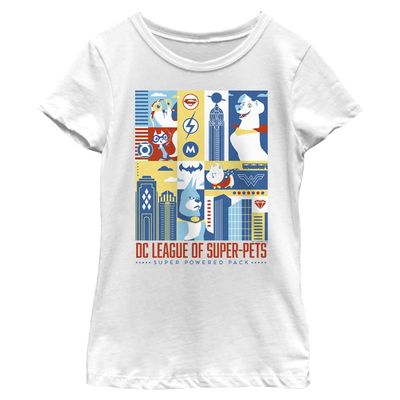 DC League of Super-Pets Girl's Super Powered Pack T-Shirt, White, Small