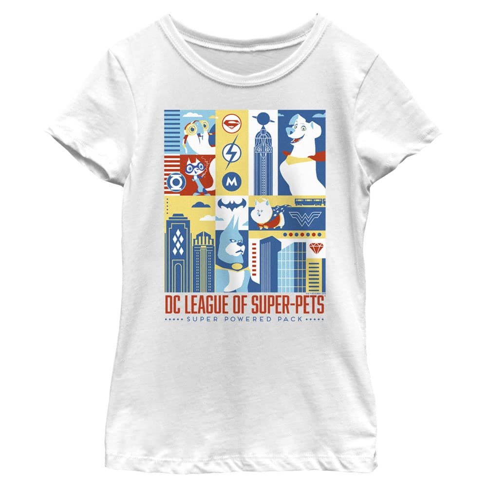DC League of Super-Pets Girl's Super Powered Pack T-Shirt, White, Small