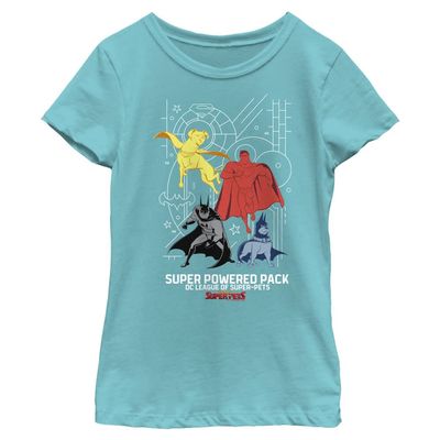 DC League of Super-Pets Girl's Power Pack T-Shirt, Tahi Blue, Medium