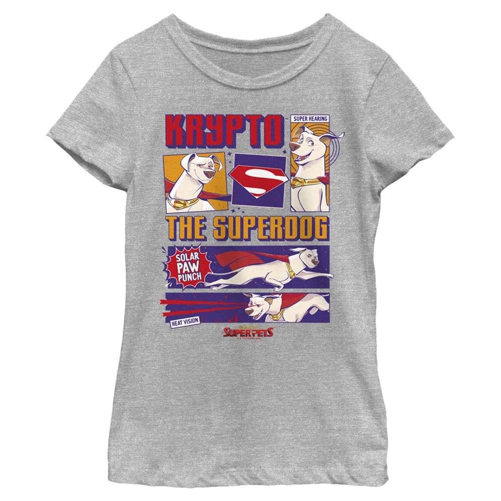 DC League of Super-Pets Girl's Krypto Comic T-Shirt, Athletic Heather, X-Small