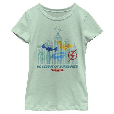 DC League of Super-Pets Girl's City Skyline T-Shirt, Mint, Small