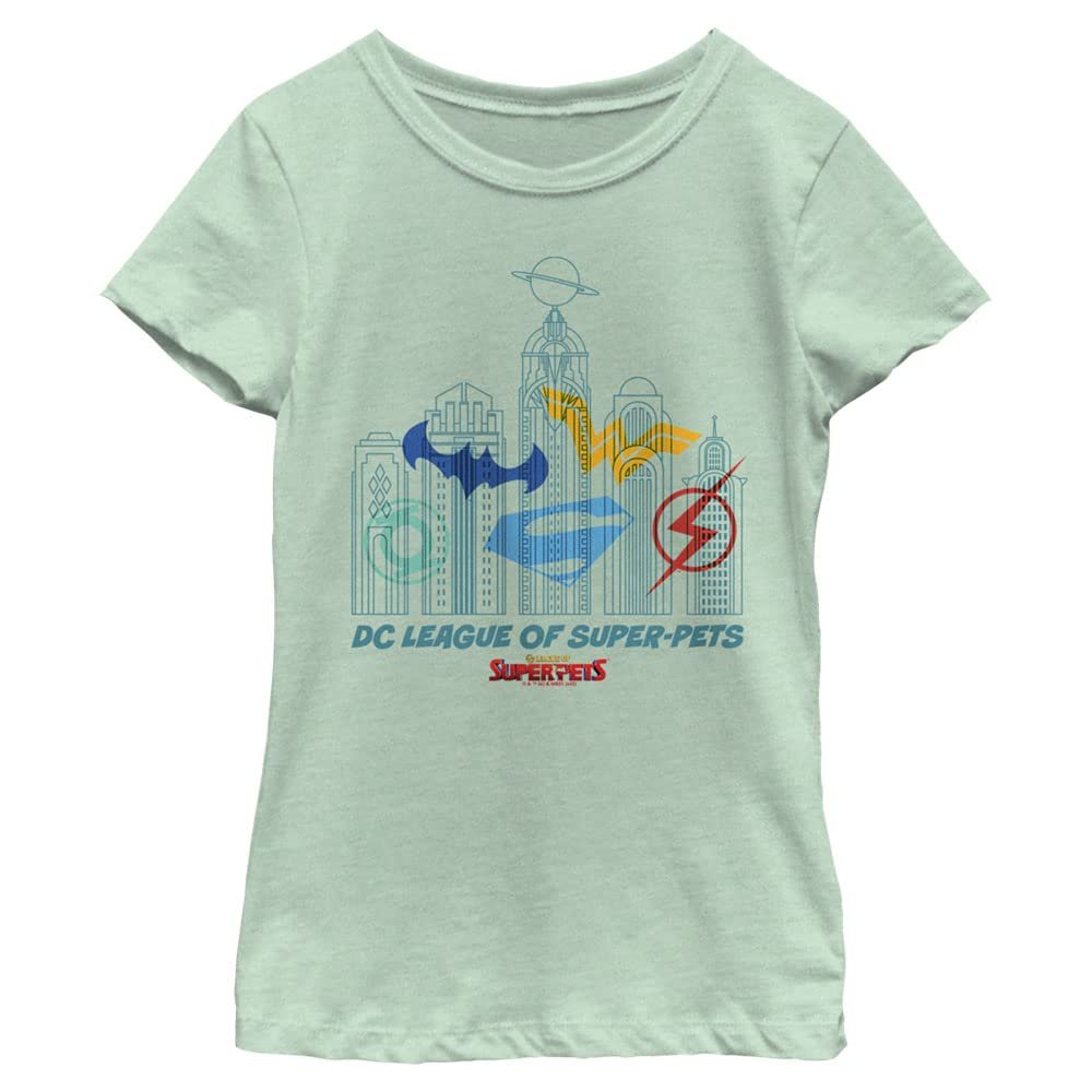 DC League of Super-Pets Girl's City Skyline T-Shirt, Mint, Small