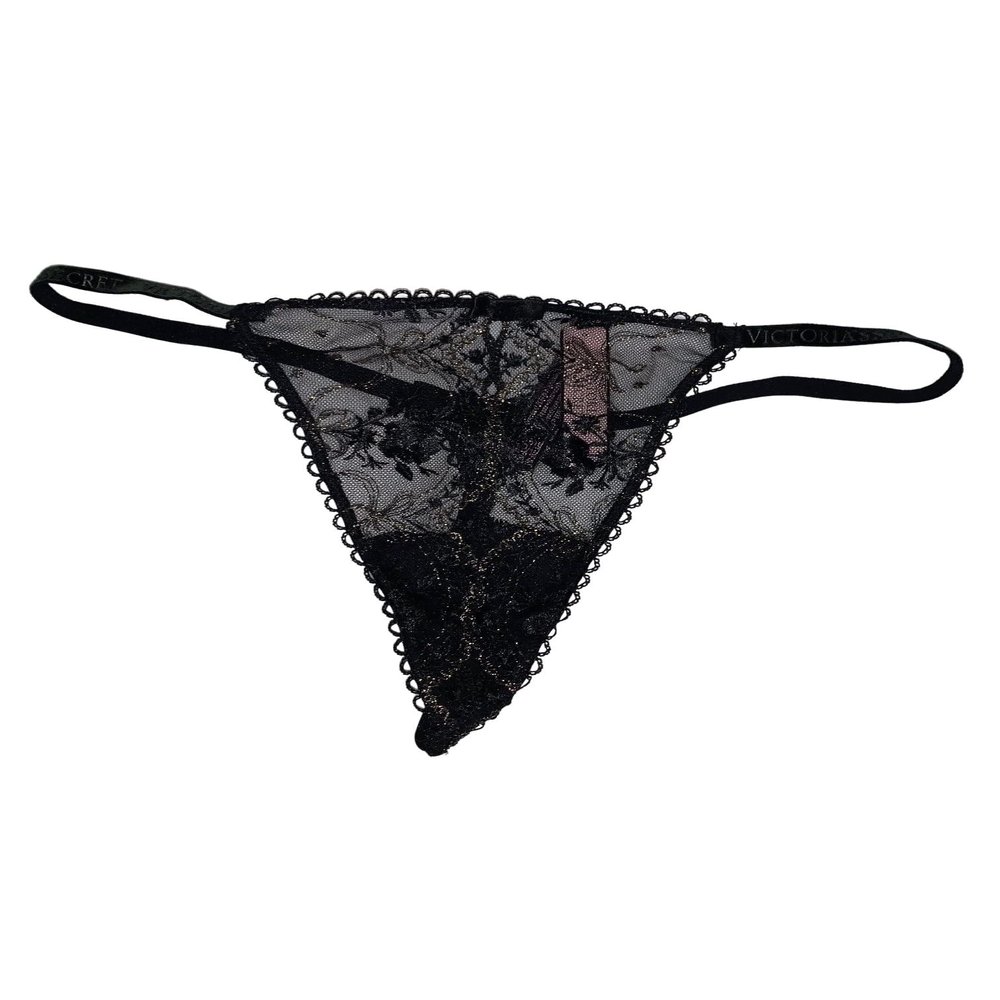 Victoria's Secret Very Sexy Rose and Bows V-String Panty Color Black New (X-Small)