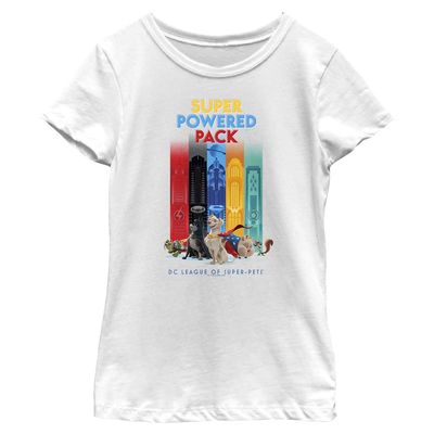 DC League of Super-Pets Girl's Super Powered Pack T-Shirt, White, Small