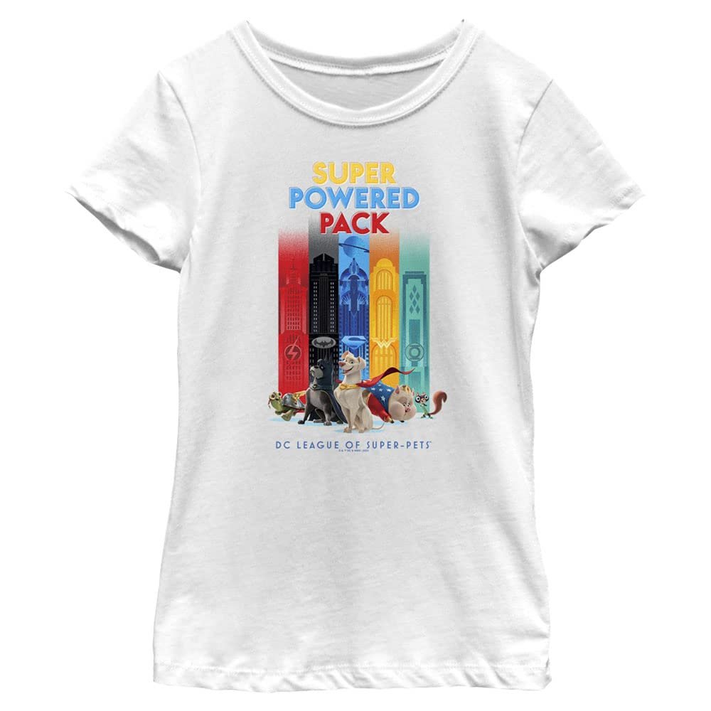 DC League of Super-Pets Girl's Super Powered Pack T-Shirt, White, Small