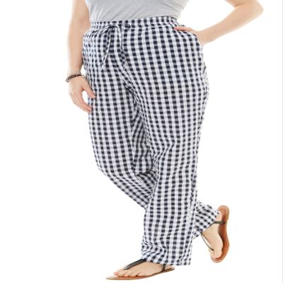 Woman Within Plus Size Tall Seersucker Pull-On Elastic-Waist Pants - 36 T, Navy Gingham