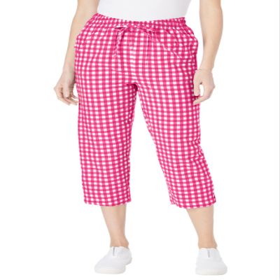 Woman Within Women's Plus Size Petite Seersucker Capri Pant - 28 W, Raspberry Sorbet Gingham