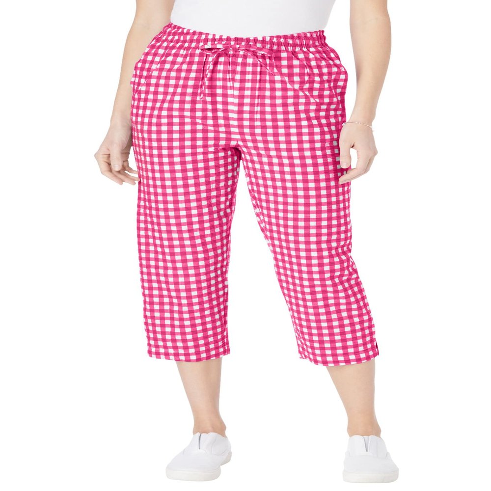 Woman Within Women's Plus Size Petite Seersucker Capri Pant - 28 W, Raspberry Sorbet Gingham