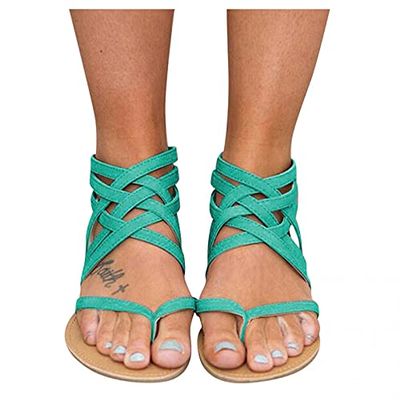 Hbeylia Criss Cross Flat Sandals Flip Flops for Women Casual Summer Gladiator Crisscross Strappy Flat Sandals with Back Zipper for Beach Outdoor