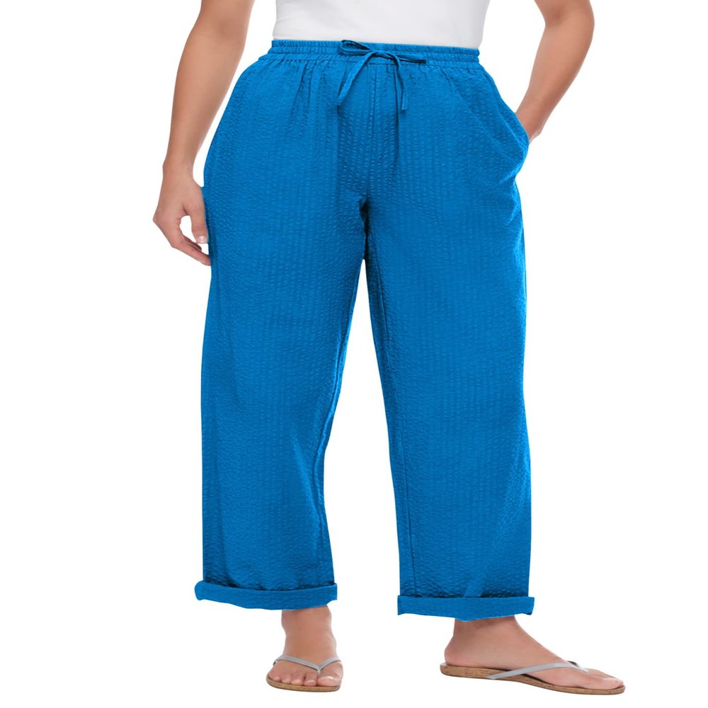 Woman Within Plus Size Seersucker Pull-On Elastic-Waist Pants - 44 W, Bright Cobalt