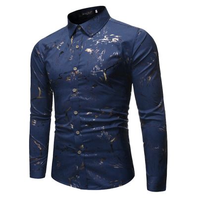 QWENTMTNTY Men's Stretch Dress Shirts Wrinkle-Free Long Sleeve Fashion Designer Regular Fit Printed Casual Button Down Shirts A-Navy