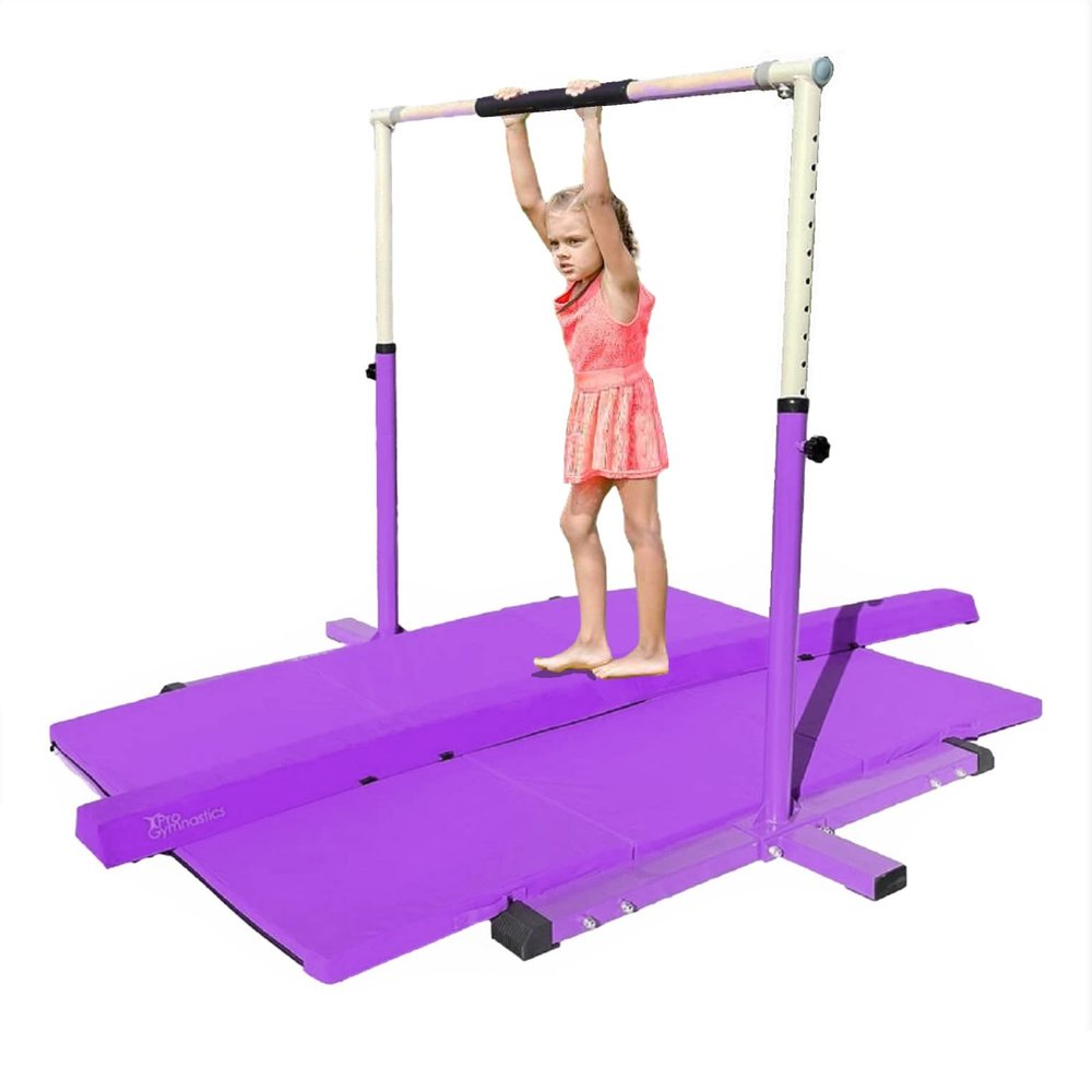 Athletic Bar Expandable Gymnastics Kip Bar 3 in 1 Set with Balance Beam, 6'x4' Mat for Kids, Horizontal Bar Junior Gymnastic Training Exercise for Gymnast Home Gym Height Adjustable 3 to 5 FT (Purple)