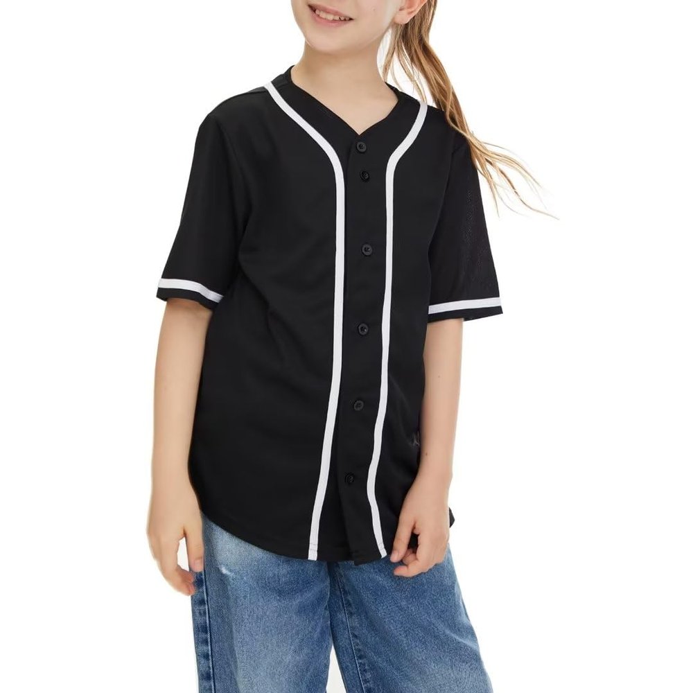 jeecoin Kids Baseball Jersey Button T Shirts Hip Hop Hipster Casual Sports Uniforms Short Sleeve Shirts for Boys Girls Black