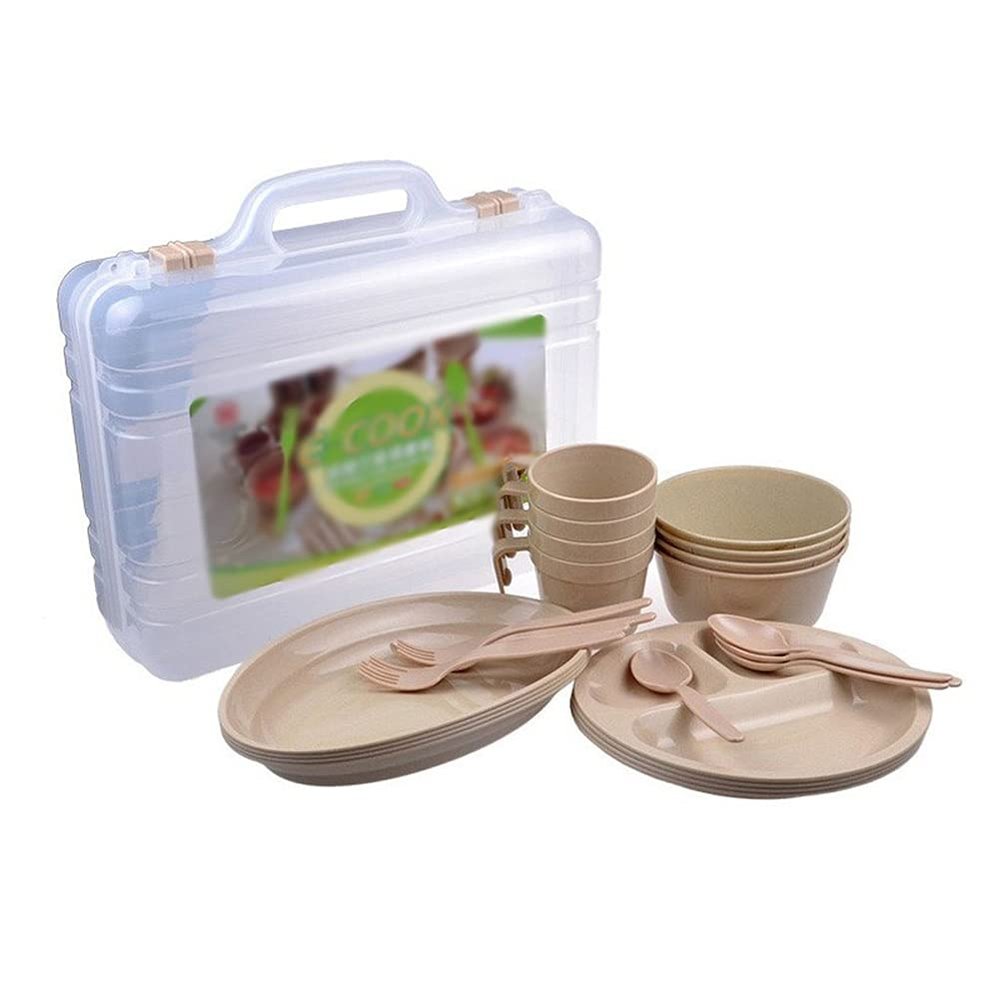 Dinner Plates 4 Portable Cutlery Box Picnic Supplies Outdoor Cutlery Set Combination Plates Camping Carrying Dinning Plate