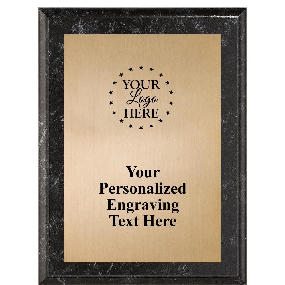 Crown Awards Custom Logo Black Marble Finish Plaque Award, 6"x8" Metallix Black Marble Finish Plaque Personalized with Gold Plate