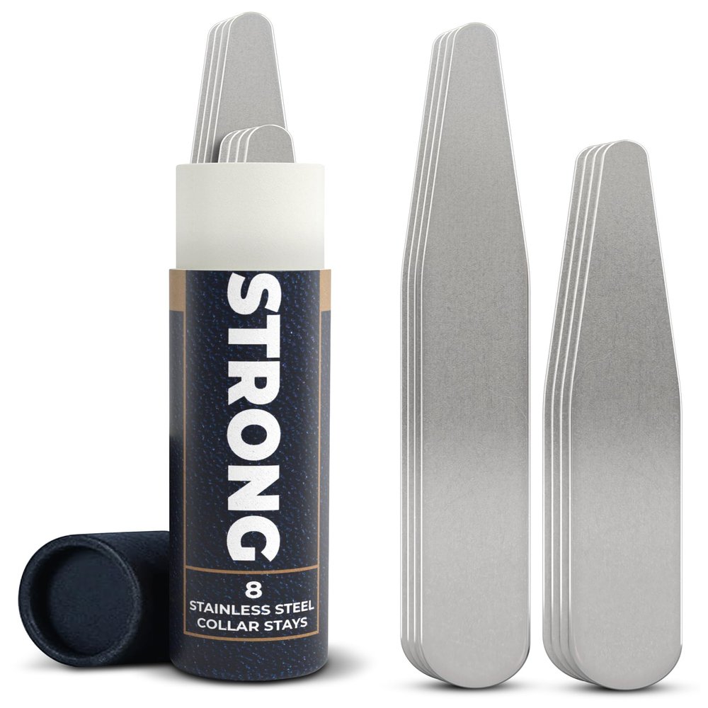 8 Metal Collar Stays for Men's Dress Shirts  Collar Inserts in 2 Sizes with Tube Storage (2" & 2.5")