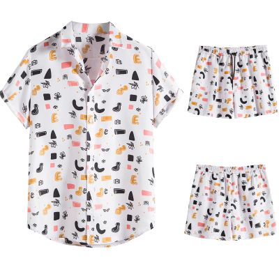 Men's Shirt and Short Sets Designer Hippie 2 Piece Outfit Short Sleeve Hawaiian Shirt Shorts Print Beach Sport Set White