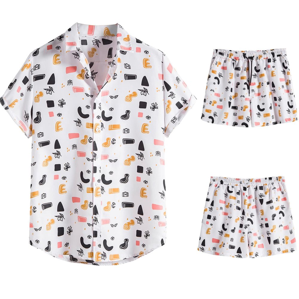 Men's Shirt and Short Sets Designer Hippie 2 Piece Outfit Short Sleeve Hawaiian Shirt Shorts Print Beach Sport Set White