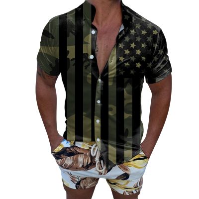 Men's Short Sleeve Button Up Dress Shirts Athletic Fit Muscle Slim Hawaiian Shirt American Flag Graphic T-Shirts Blouses
