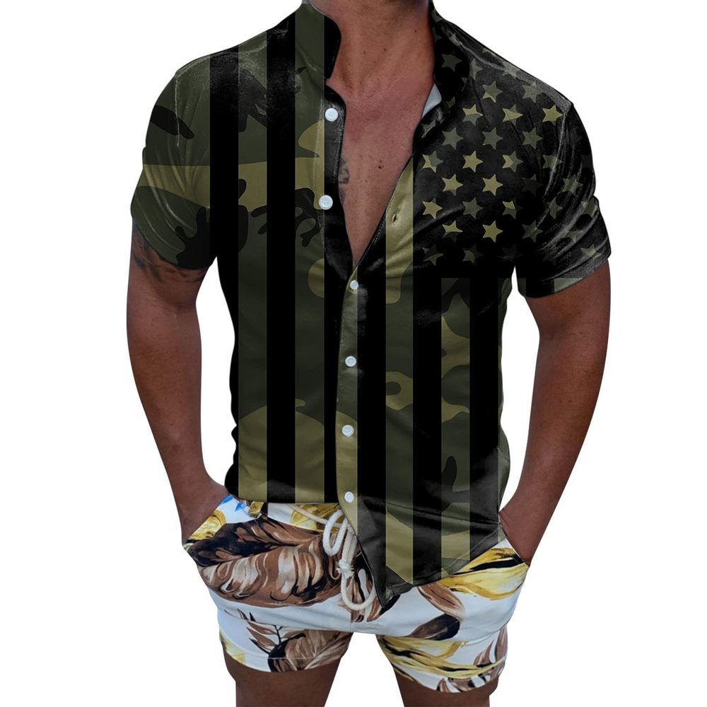 Men's Short Sleeve Button Up Dress Shirts Athletic Fit Muscle Slim Hawaiian Shirt American Flag Graphic T-Shirts Blouses
