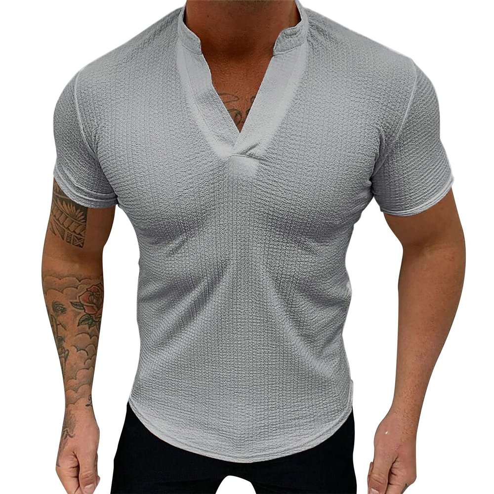 QWENTMTNTY Mens Casual Linen Henley Shirts Muscle Slim Fashion Short Sleeve Fitness T-Shirts Vneck Hippie Beach Athletic Tees Gray