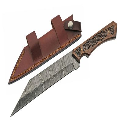 SANZ Damascus Hunting Knife 12 Inch - Camping Knife with Engraved Wood Handle, Full Tang Blade & Sheath for Hunting, Camping & Outdoor uses for Men