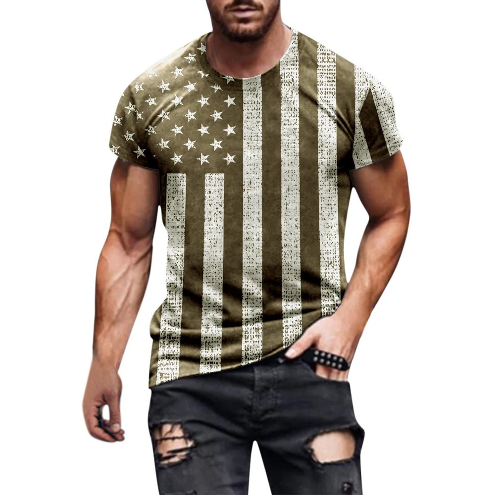 Men's Novelty T-Shirt Short Sleeve Fitness Workout Athletics Tees Slim Fit Casual Fashion American Flag Graphic Tshirts