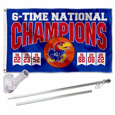 Kansas KU Jayhawks Mens Basketball 6 Time National Champions Flag with Pole and Bracket Holder University Set