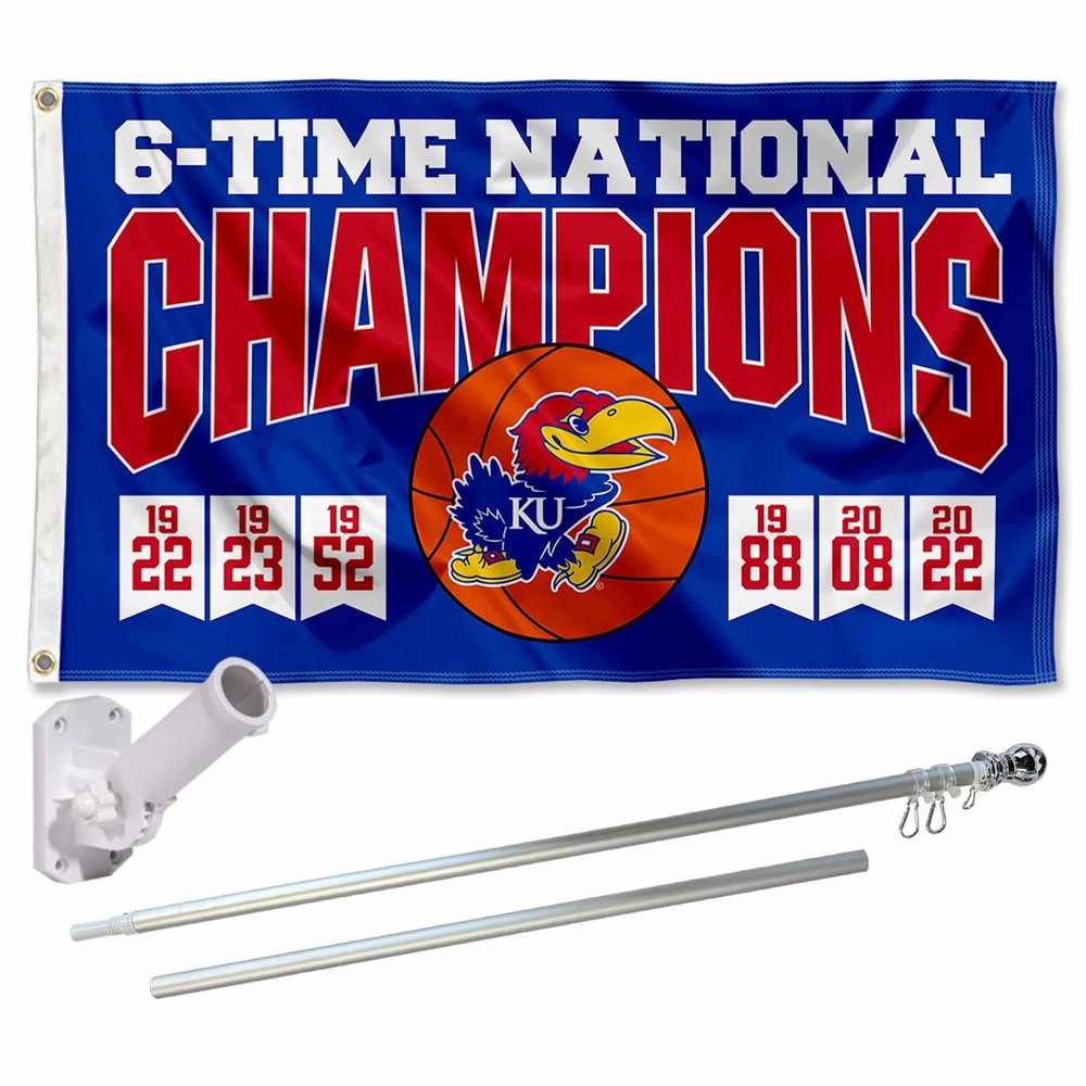 Kansas KU Jayhawks Mens Basketball 6 Time National Champions Flag with Pole and Bracket Holder University Set