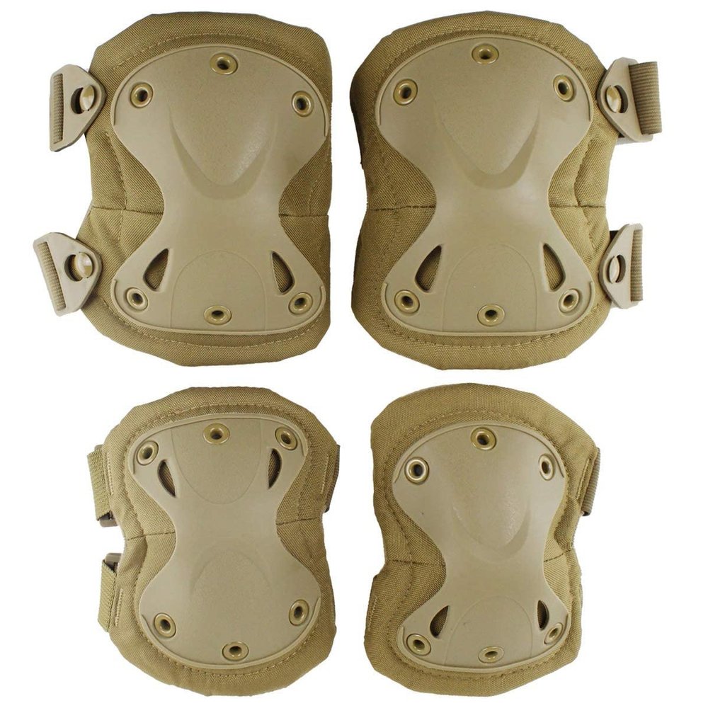 Bargain Crusader Military Tactical Knee Pad Elbow Pad Set Airsoft Knee Elbow Protective Pads Combat Paintball Skate Outdoor Sports Safety Guard Gear (X-Shape Khaki, M, 4pcs Set)
