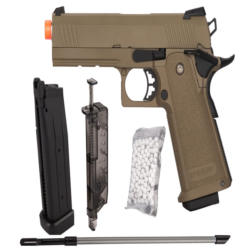 Golden Eagle Steel/Metal Airsoft Hand Gun Hi-Capa 1911 Airsoft Pistol with 6mm BBS and Speed Loader (Metal, Tan)
