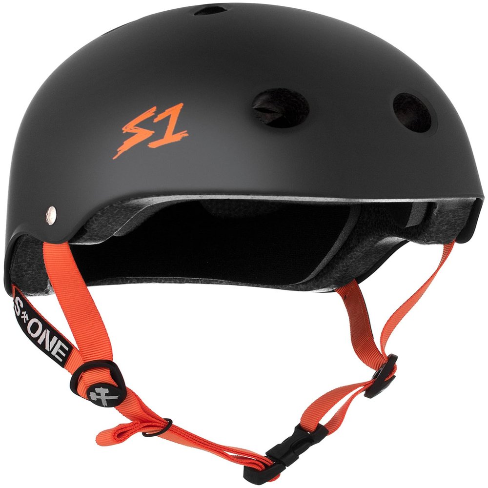 S1 Lifer Helmet for Skateboarding, BMX, and Roller Skating - EPS Fusion Foam, CPSC & ASTM Certified - Black Matte w/Orange Straps X-Small (20.5")